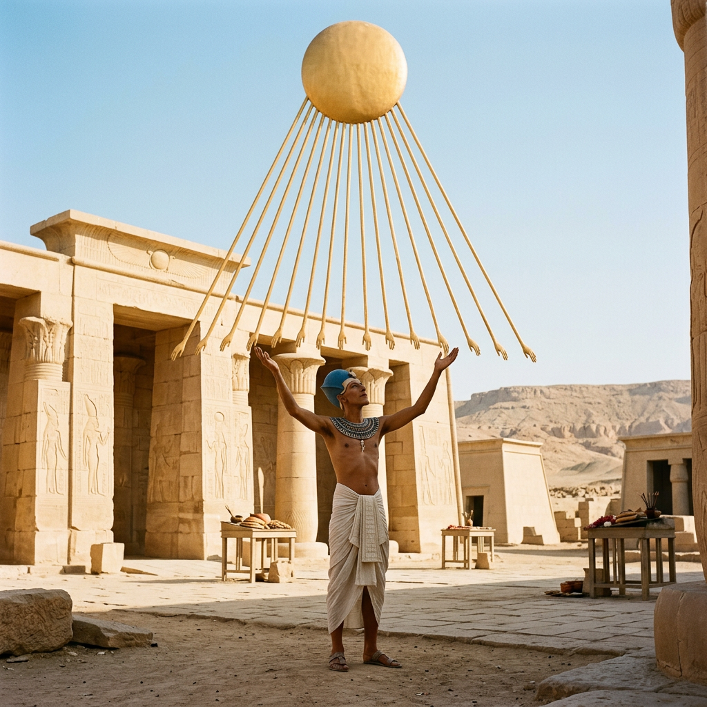 Man in ancient Egyptian attire raises arms beneath golden sun rays extending to hands