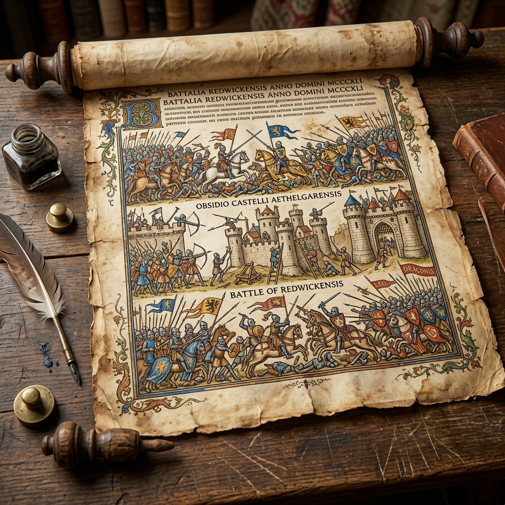Medieval illustrated scroll showing the Battle of Redwickensis with knights, castle siege, and banners