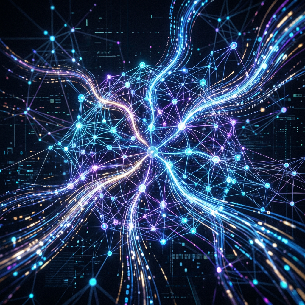 Glowing interconnected nodes and pathways illustrating digital neural network