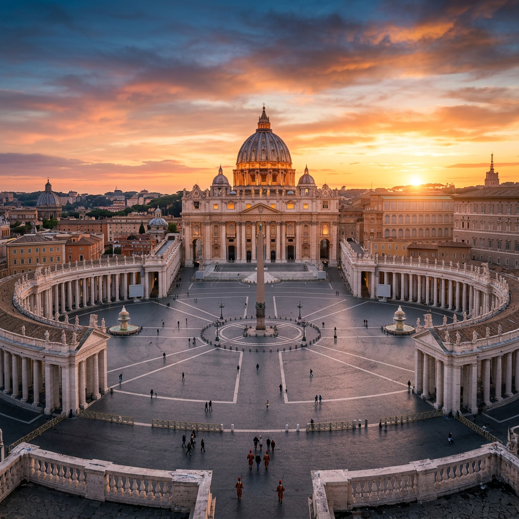 St. Peter's Basilica and Saint Peter's Square at sunset with people walking