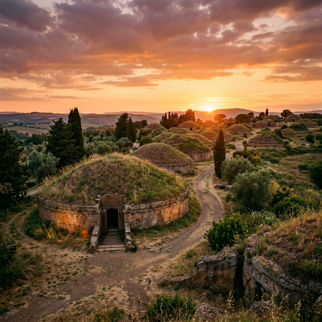 Circular ancient stone tombs with grass-covered roofs along dirt paths at sunset